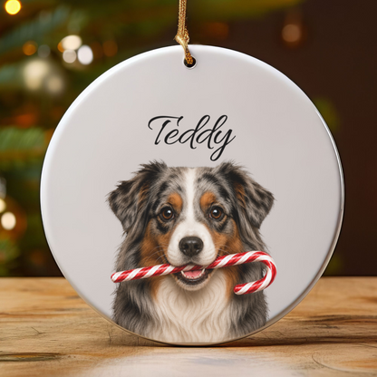 Personalized Australian Shepherd Candy Cane Ornament