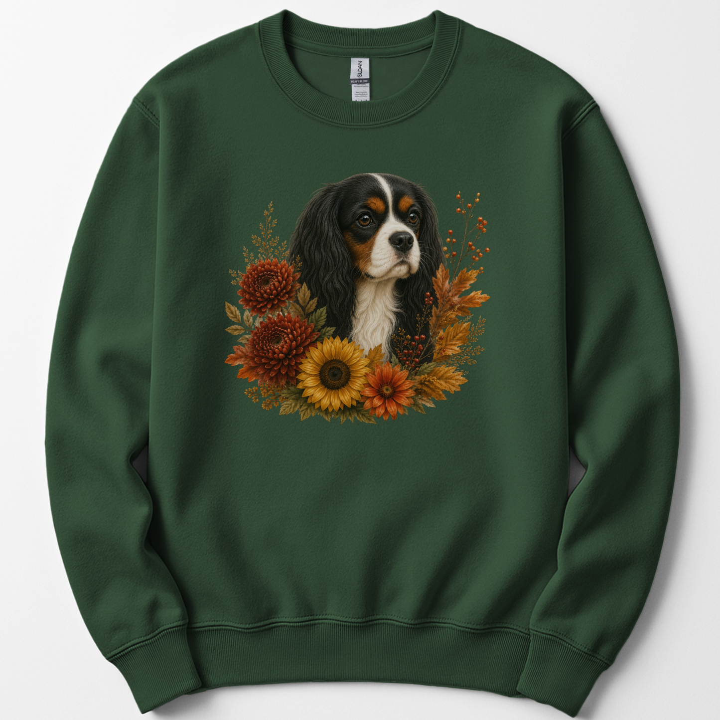 Tricolor Cavalier Autumn Floral Sweatshirt Cozy Fall Dog Lover Gift Botanical Crewneck Pullover