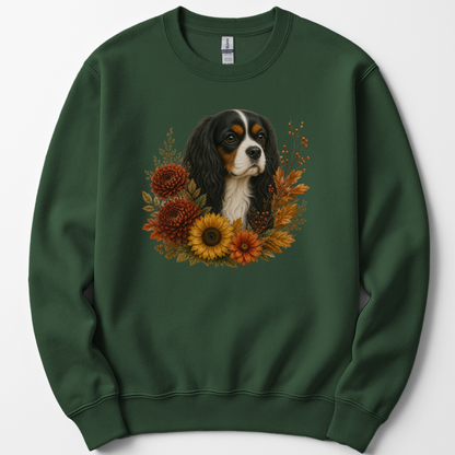 Tricolor Cavalier Autumn Floral Sweatshirt Cozy Fall Dog Lover Gift Botanical Crewneck Pullover