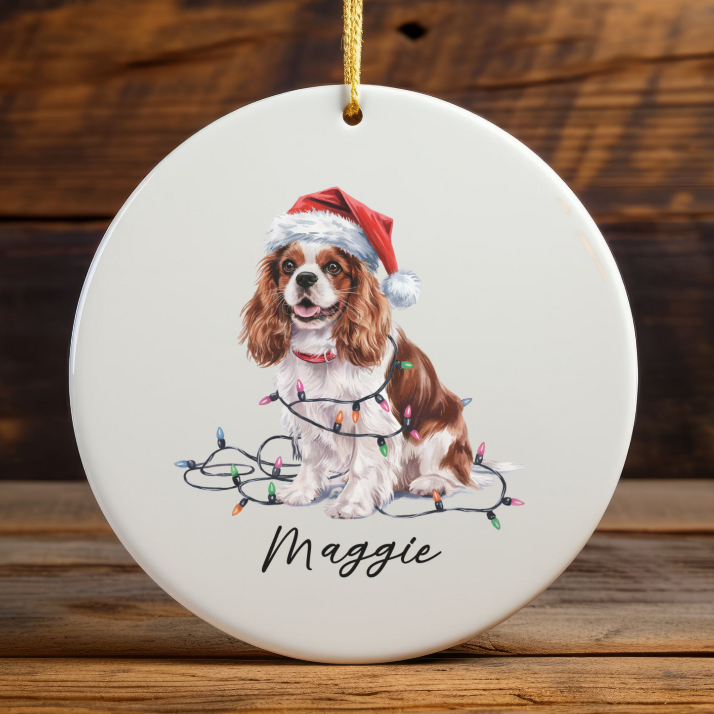 Personalized Blenheim Cavalier King Charles Spaniel Christmas Ornament, Tangled Lights Ceramic Keepsake