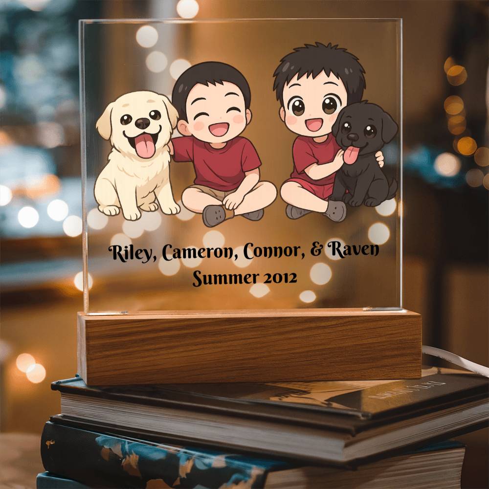 Custom Family Pet Portrait Plaque, Chibi Style Keepsake, Kawaii Cartoon Gift, Personalized LED Decor, Gift for Families