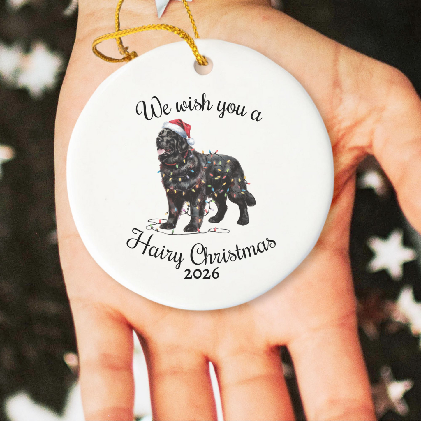 Christmas Black Newfoundland Ornament, Christmas Lights Dog Keepsake