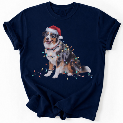 Australian Shepherd Christmas Lights Dog Shirt, Festive Aussie Holiday Tee for Dog Lovers