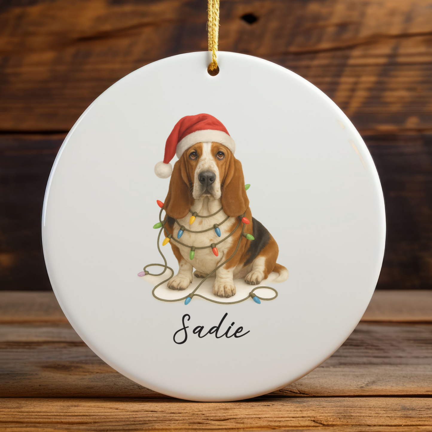 Personalized Basset Hound Christmas Ornament, Ceramic Dog Decor, Santa Hat Lights Keepsake