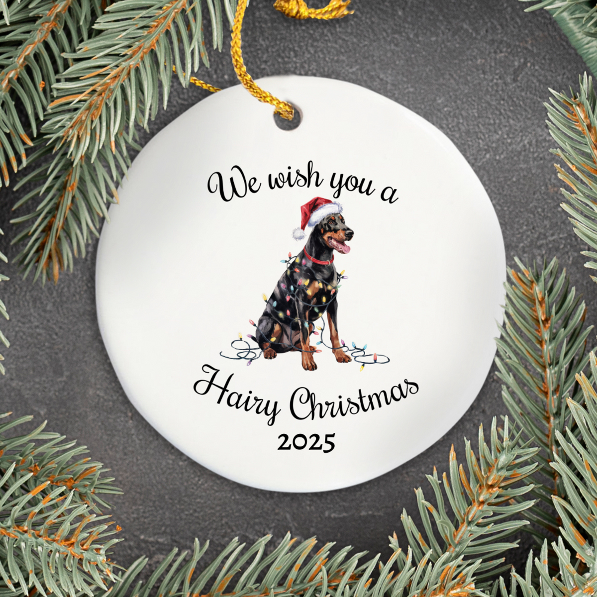 Christmas Doberman Ornament, Christmas Lights Dog Keepsake