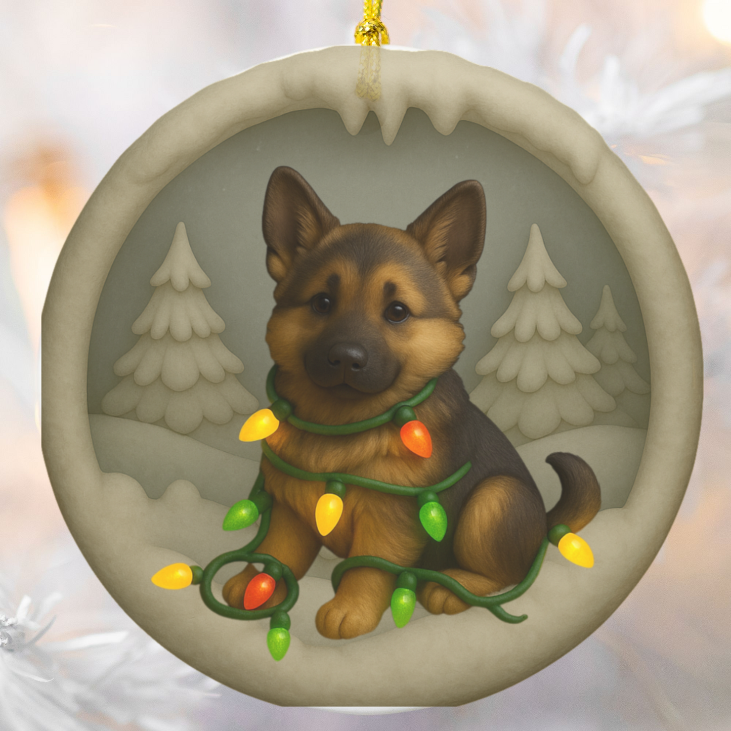 Personalized German Shepherd Christmas Ornament, 3D Clay-Style Dog Keepsake with Lights