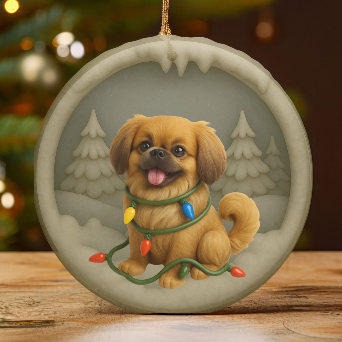 Personalized Pekingese Christmas Ornament, 3D Clay-Style Dog Keepsake with Lights