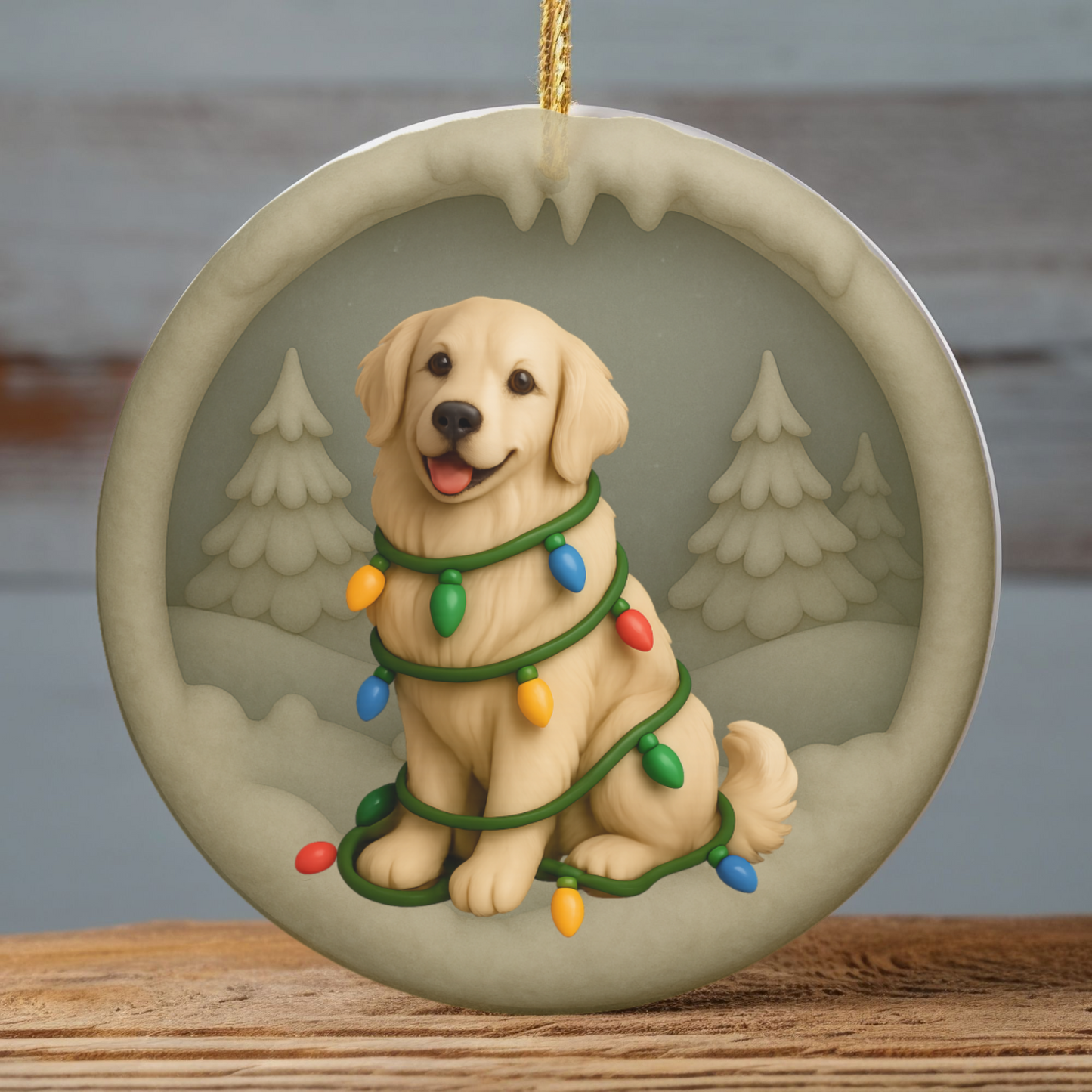 Personalized English Cream Golden Retriever Christmas Ornament, Custom Golden with Holiday Lights Keepsake