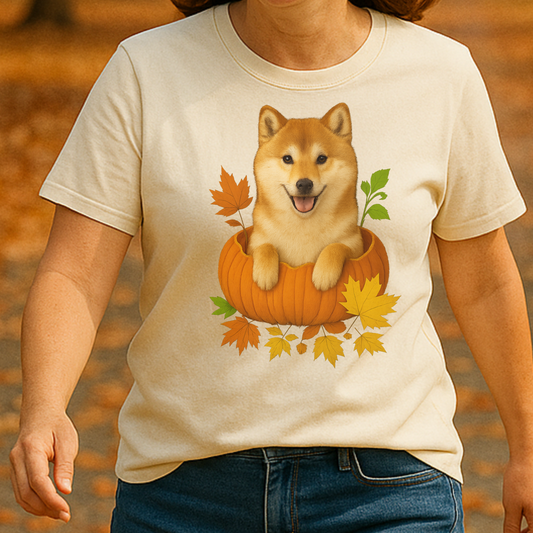 Red Shiba Inu Pumpkin Shirt, Cute Fall Dog Lover T-Shirt for Autumn Vibes