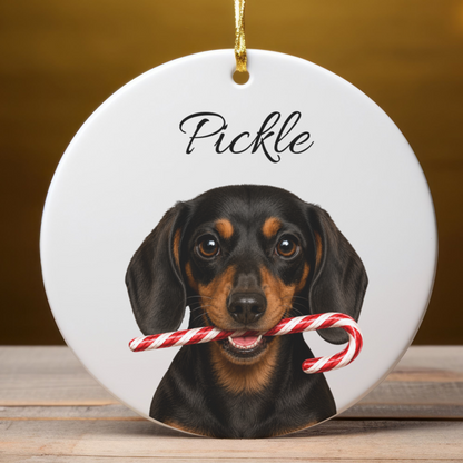 Personalized Black and Tan Dachshund Candy Cane Ornament