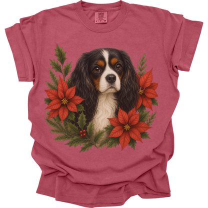 Tricolor Cavalier Christmas Shirt, Poinsettia Dog Mom Holiday Tee