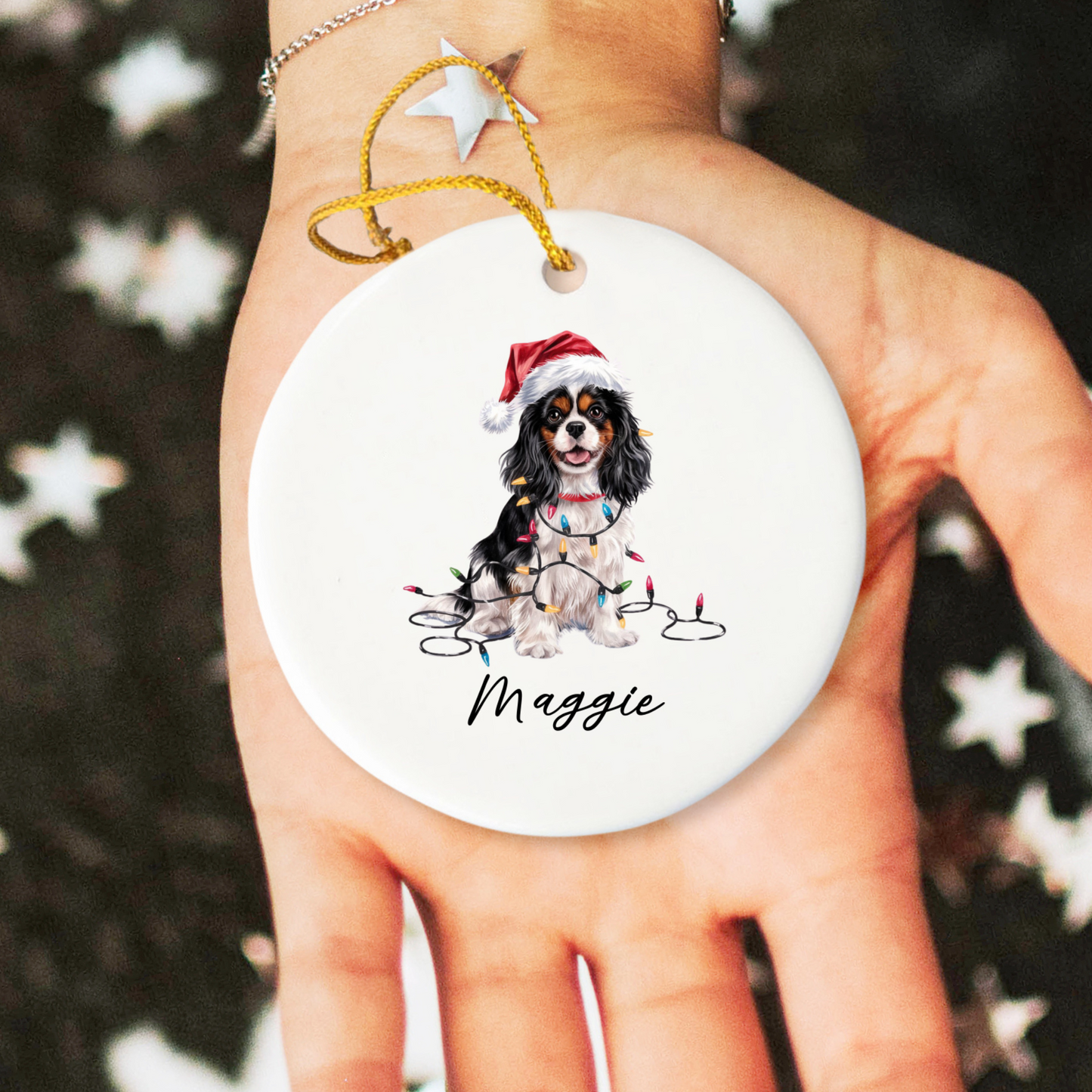 Personalized Tricolor Cavalier King Charles Spaniel Christmas Ornament, Ceramic Dog Lover Gift