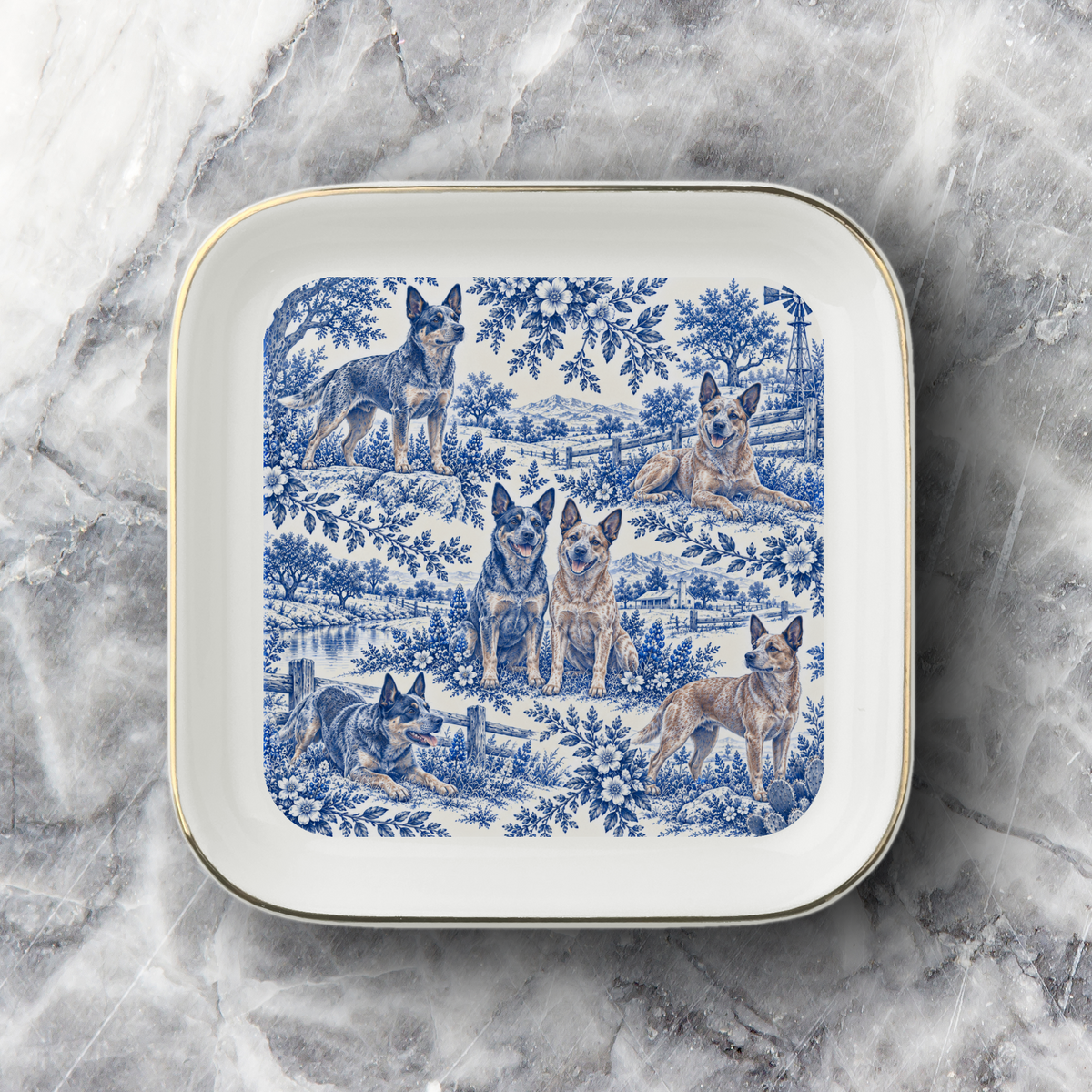 Australian Cattle Dog Blue Toile Jewelry Dish, Vintage Blue Heeler Trinket Tray Gift