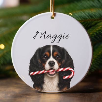 Personalized Tricolor Cavalier Candy Cane Ornament
