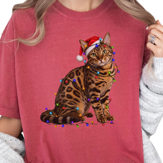 Bengal Cat Christmas Lights Shirt, Comfort Colors Holiday Cat Lover Tee
