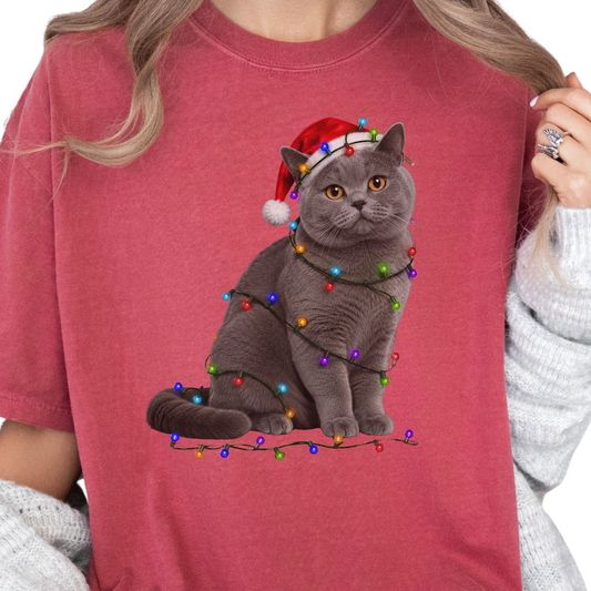 British Shorthair Christmas Lights Shirt, Comfort Colors Holiday Cat Lover Tee