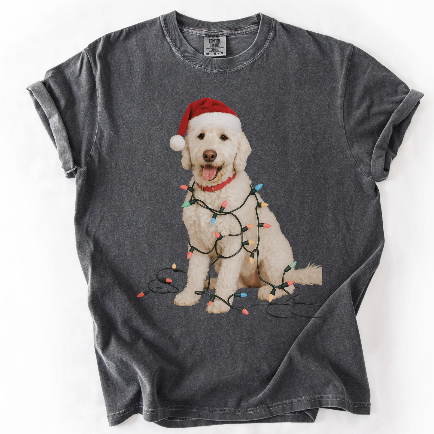 White Goldendoodle Christmas Lights T-Shirt, Comfort Colors Dog Lover Holiday Tee