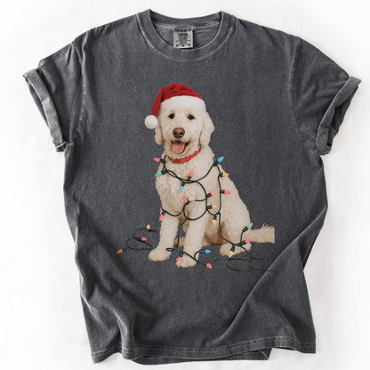 White Goldendoodle Christmas Lights T-Shirt, Comfort Colors Dog Lover Holiday Tee