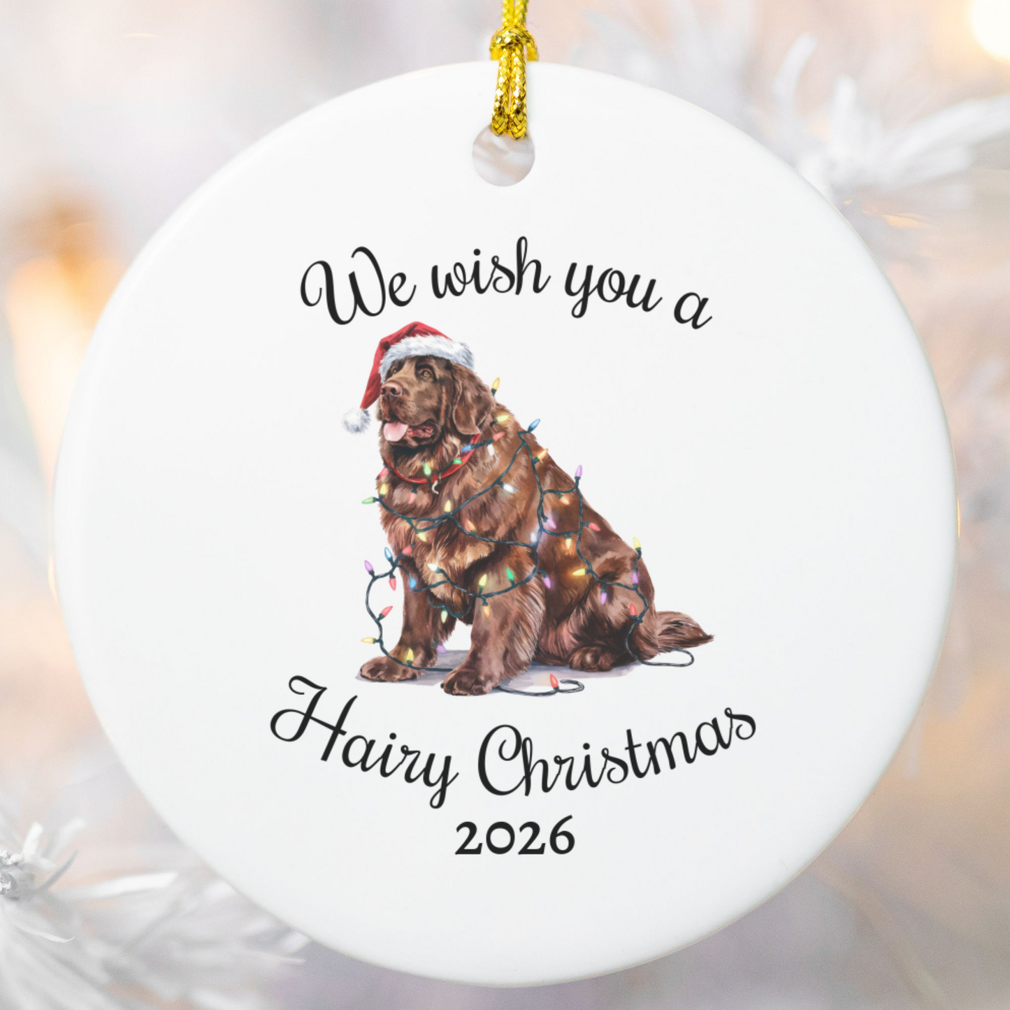 Christmas Brown Newfoundland Ornament, Christmas Lights Dog Keepsake