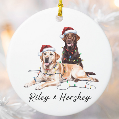 Chocolate and Yellow Labradors Ornament, Personalized Dog Christmas Decor