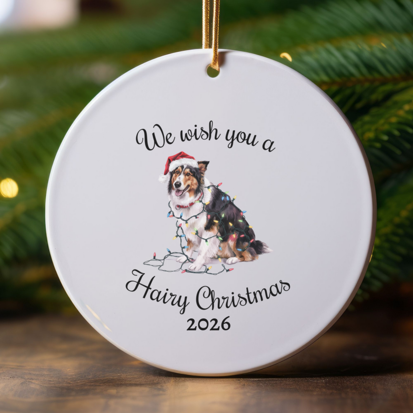 Christmas Collie Ornament, Christmas Lights Dog Keepsake