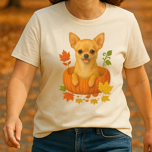 Tan Chihuahua in Pumpkin Fall Shirt, Cute Autumn Dog Tee for Chihuahua Moms