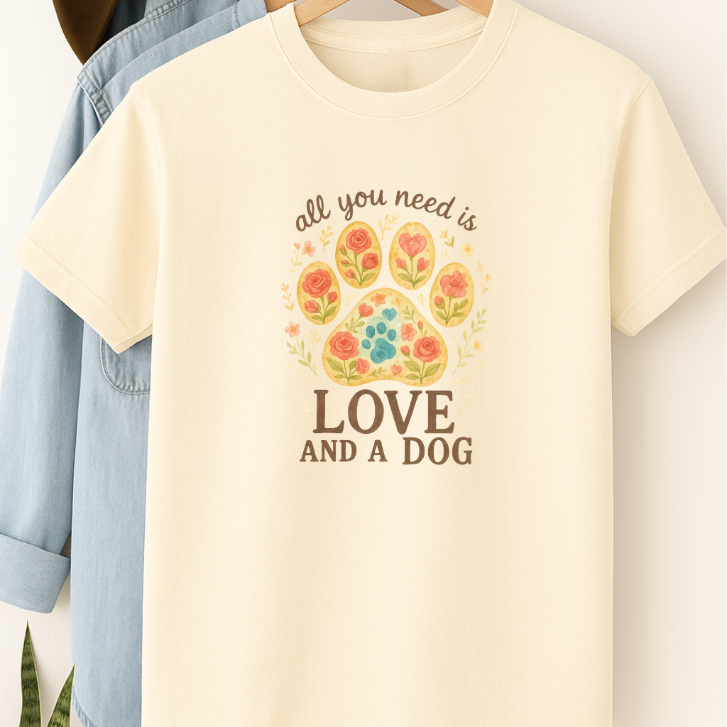 Love and a Dog Floral Paw Print T-Shirt – Sweet Gift for Dog Lovers & Pet Parents