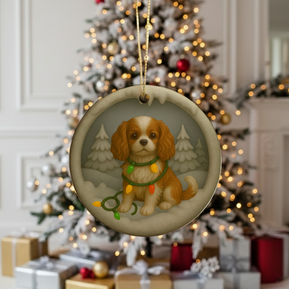 Personalizable Cavalier King Charles Christmas Ornament, Custom Cavie with Holiday Lights Keepsake