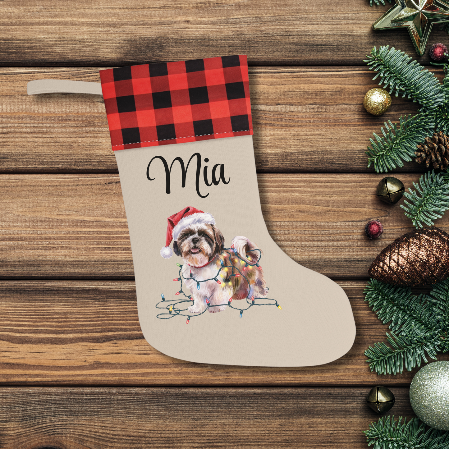 Personalized Shih Tzu Christmas Stocking, Holiday Decor Gift for Pet Lovers