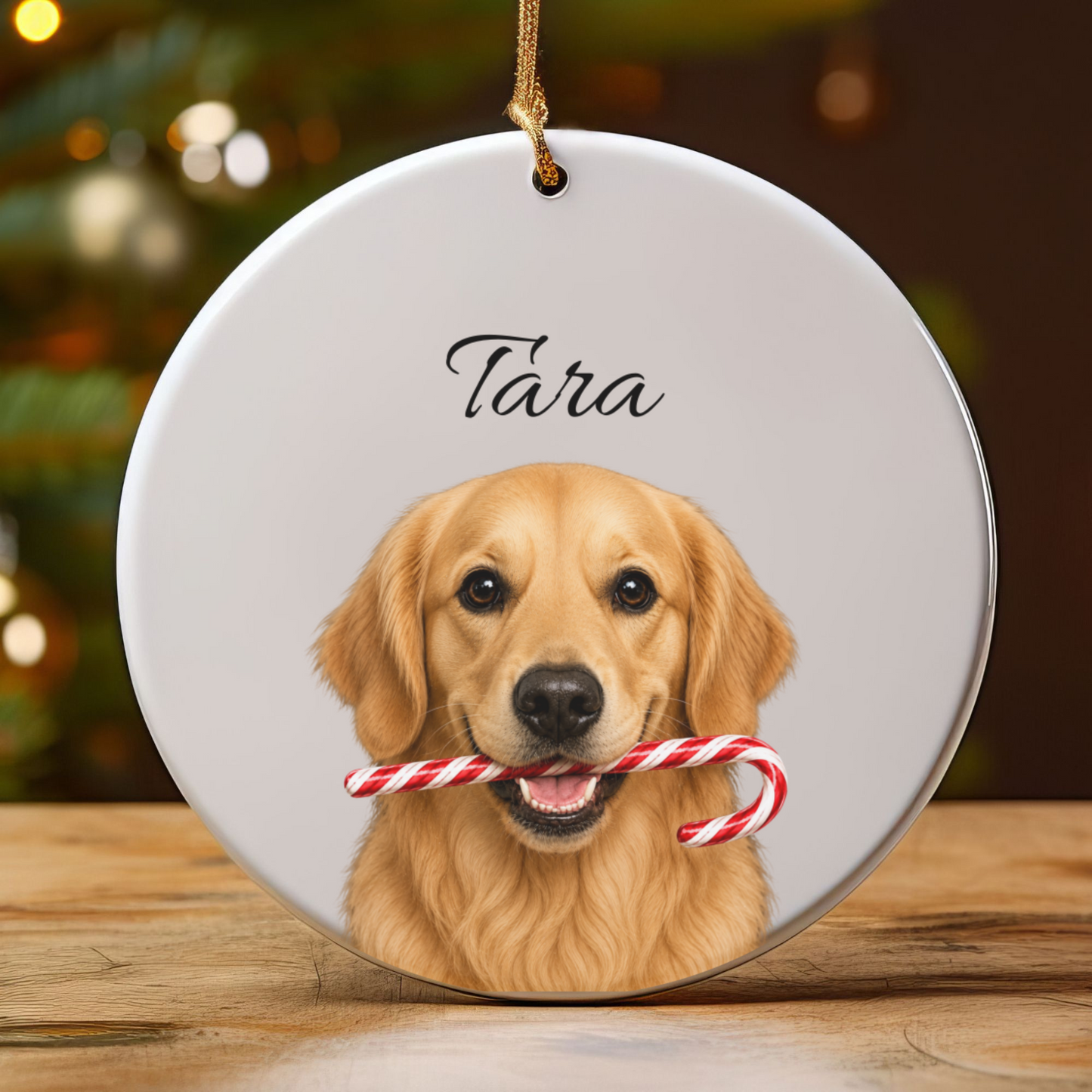 Personalized Golden Retriever Candy Cane Ornament
