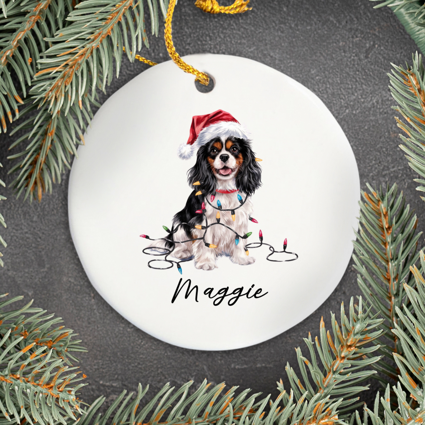 Personalized Tricolor Cavalier King Charles Spaniel Christmas Ornament, Ceramic Dog Lover Gift