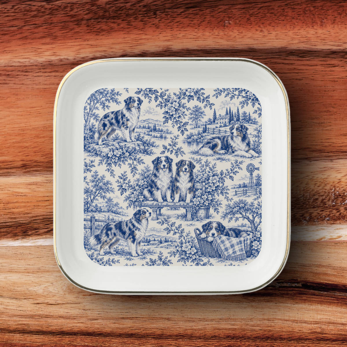 Australian Shepherd Jewelry Dish, Blue Toile Aussie Ring Dish, Dog Mom Gift, Trinket Tray