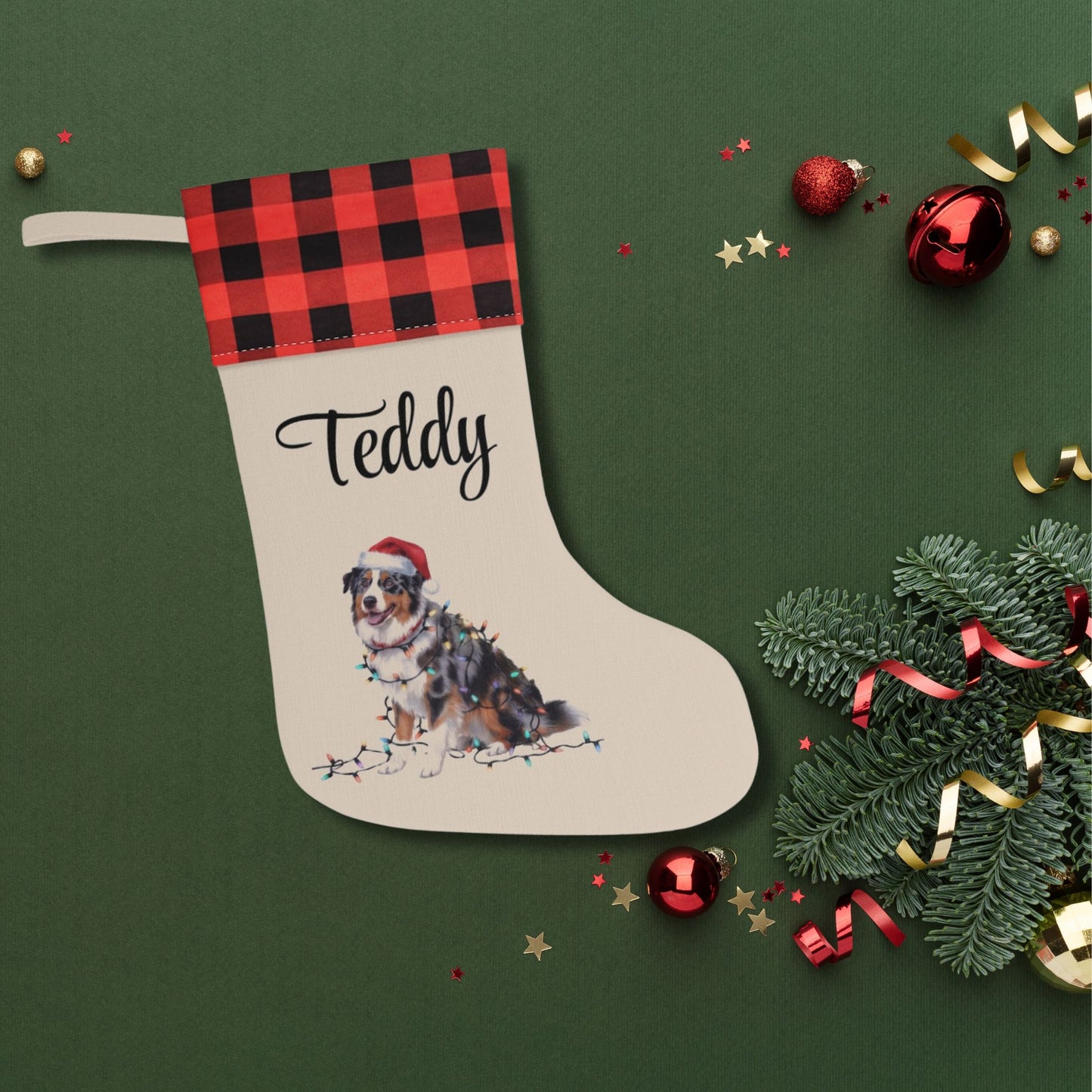 Personalized Christmas Australian Shepherd Stocking, Xmas Decor, Plaid Cuff Holiday Stocking