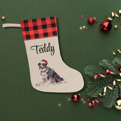 Personalized Christmas Australian Shepherd Stocking, Xmas Decor, Plaid Cuff Holiday Stocking