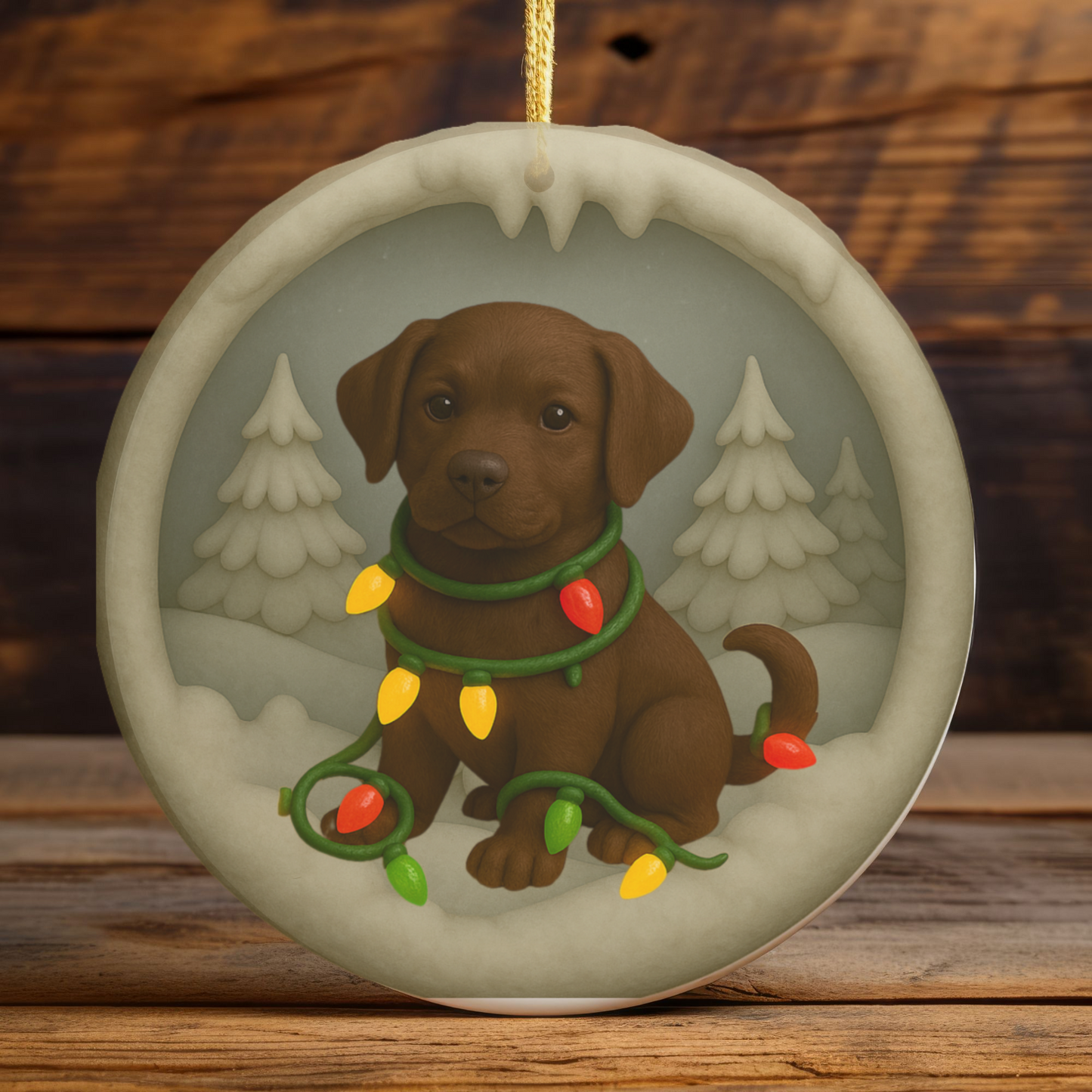 Personalized Chocolate Lab Christmas Ornament, Custom Labrador Retriever with Holiday Lights Keepsake