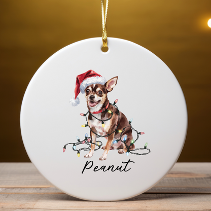 Personalized Black Chihuahua Christmas Ornament, Santa Hat Lights Ceramic Keepsake