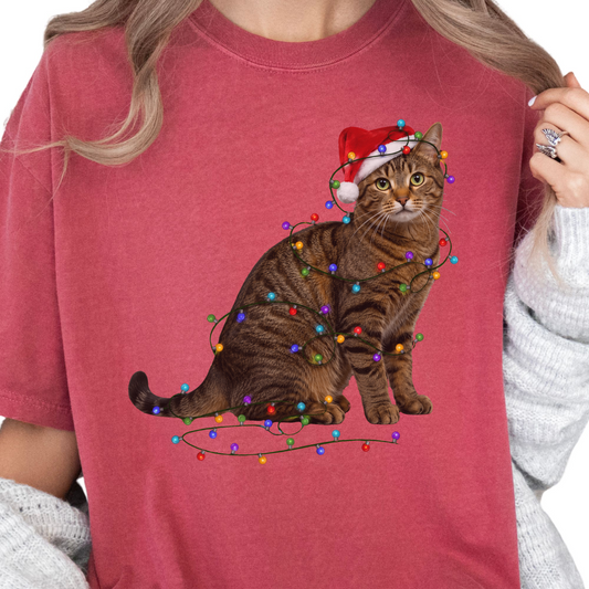 Brown Tabby Cat Christmas Lights Shirt, Comfort Colors Holiday Cat Lover Tee