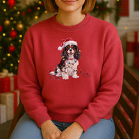 Load image into Gallery viewer, Tri-color Cavalier Christmas Sweatshirt, Holiday Dog Lover Gift, Cozy Festive Apparel, Santa Hat Spaniel, Pet Parent Sweater

