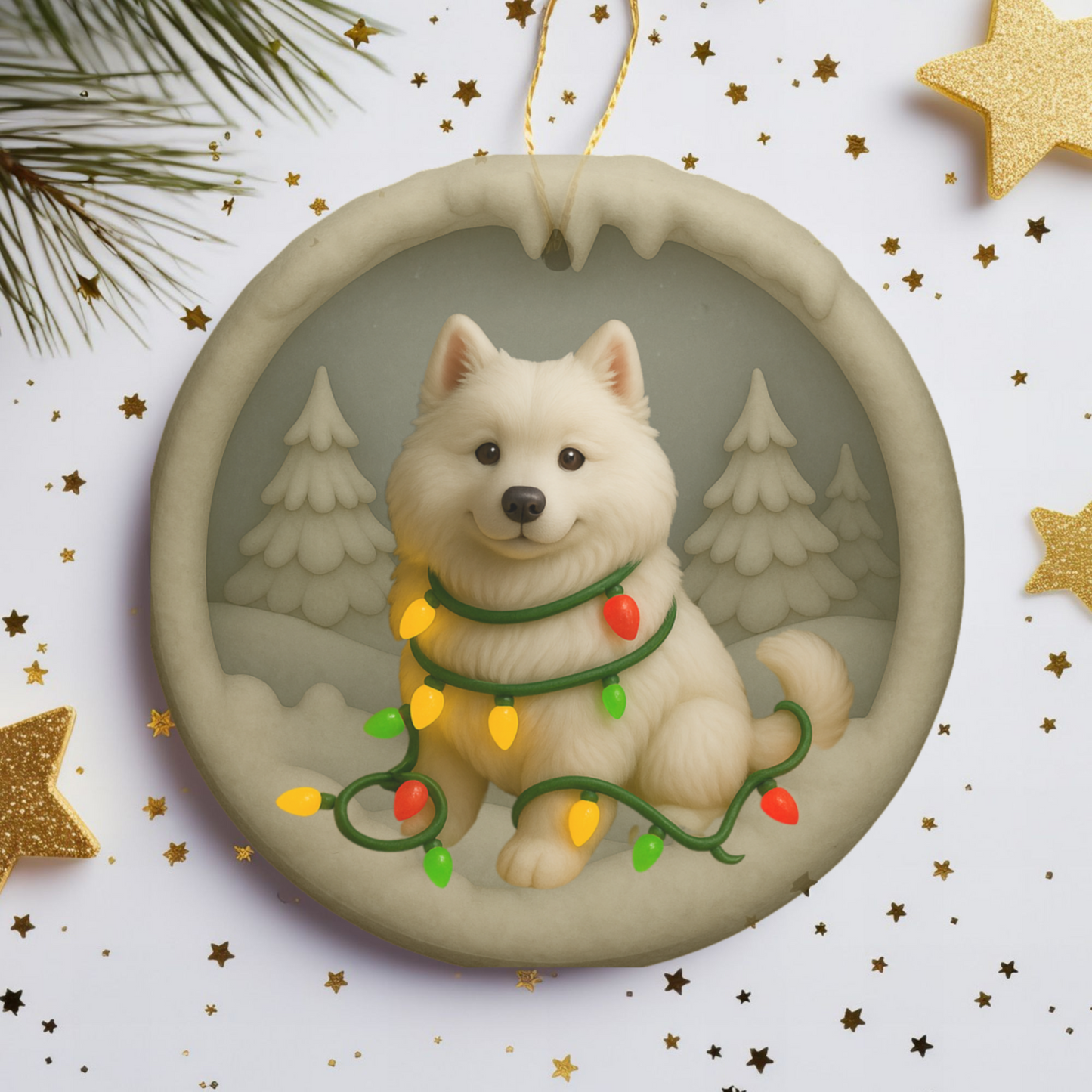 Personalized Samoyed Christmas Ornament, 3D Clay-Style Dog Keepsake with Lights