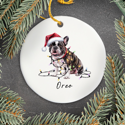 Personalized Black French Bulldog Ceramic Ornament, Dog Christmas Gift, Festive Lights Keepsake