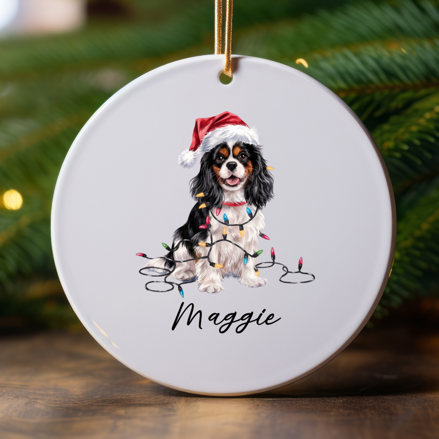 Personalized Tricolor Cavalier King Charles Spaniel Christmas Ornament, Ceramic Dog Lover Gift