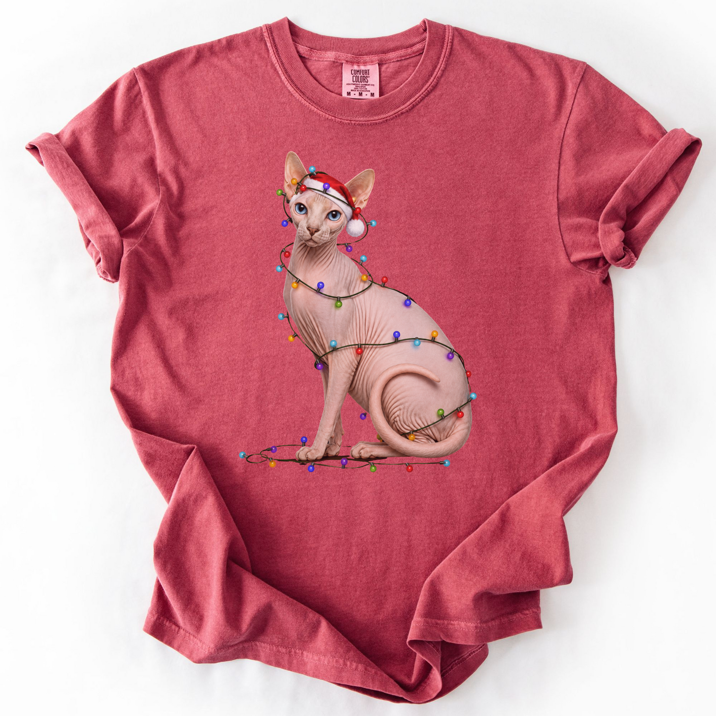 Sphynx Cat Christmas Lights Shirt, Comfort Colors Holiday Cat Lover Tee
