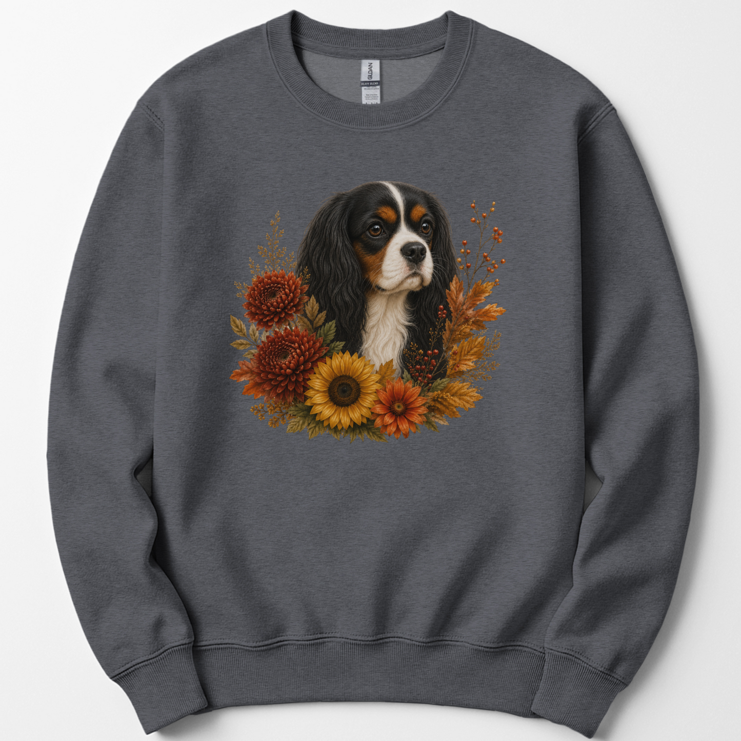 Tricolor Cavalier Autumn Floral Sweatshirt Cozy Fall Dog Lover Gift Botanical Crewneck Pullover