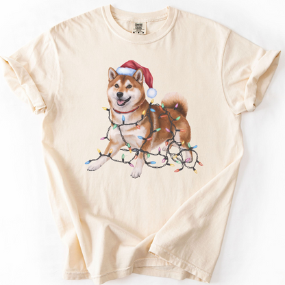 Red Shiba Inu Christmas Lights Shirt, Festive Holiday Tee for Shiba Fans
