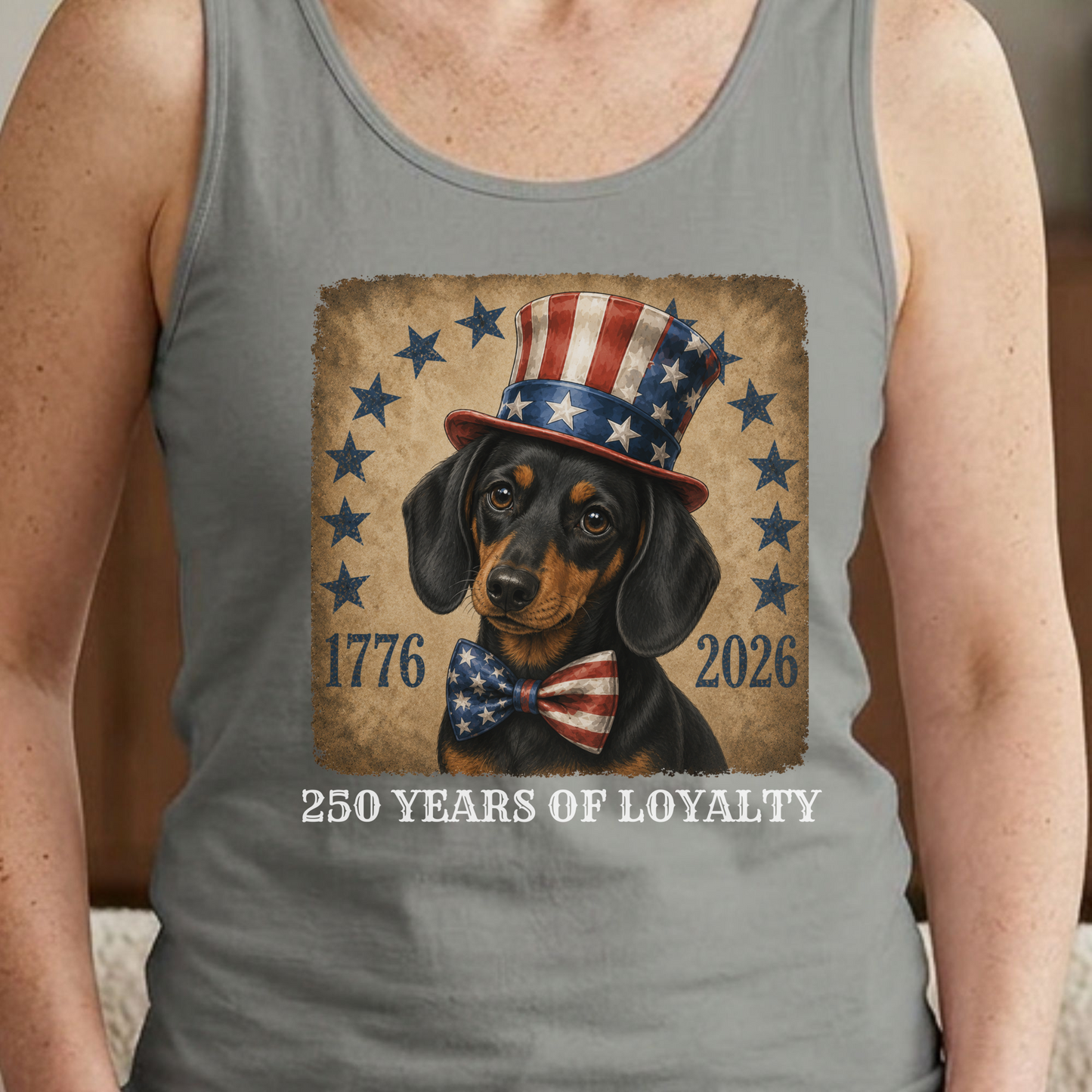 Black and Tan Dachshund Patriotic Tank Top, 250 Years of Loyalty