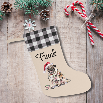 Personalized Tan Pug Christmas Stocking, Holiday Decor Gift for Pet Lovers