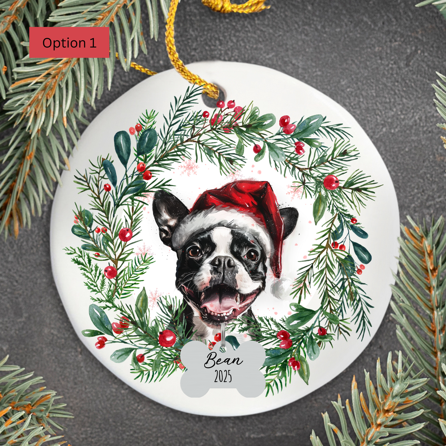 Personalized Boston Terrier Christmas Wreath Ornament