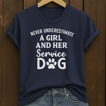 Never Underestimate a Girl & Her Service Dog T-Shirt