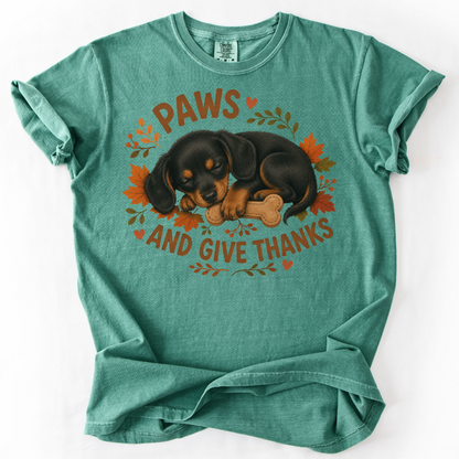 Black and Tan Dachshund Thanksgiving Shirt, Paws Give Thanks Tee, Fall Doxie Lover Gift