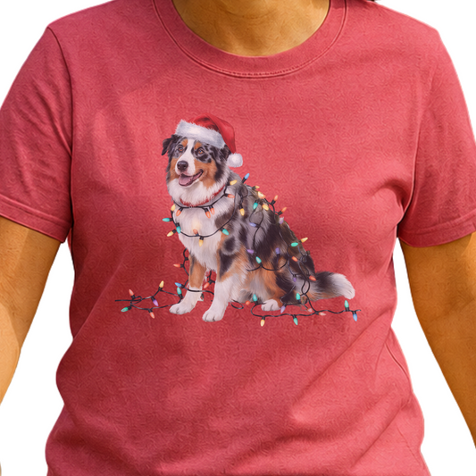 Australian Shepherd Christmas Lights Dog Shirt, Festive Aussie Holiday Tee for Dog Lovers